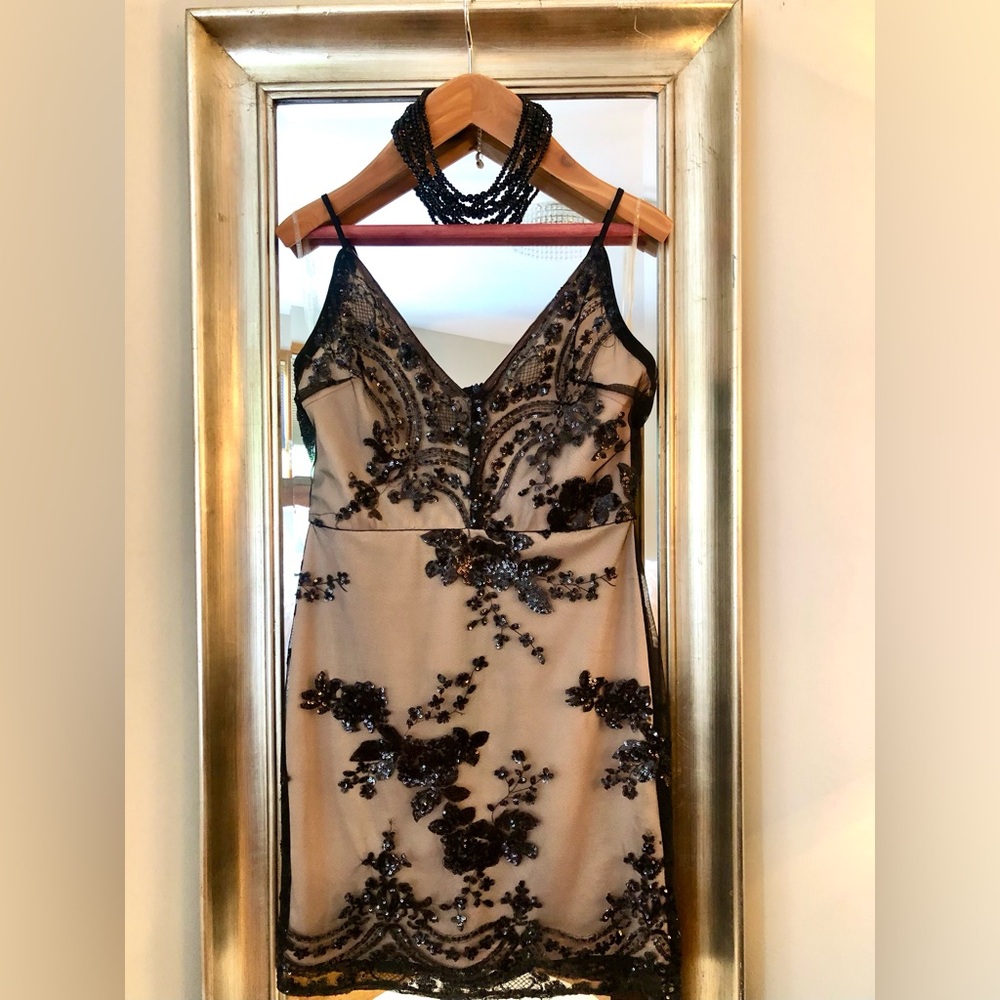 Nude & Black Lace Slip Dress with Sequin Floral Appliqué